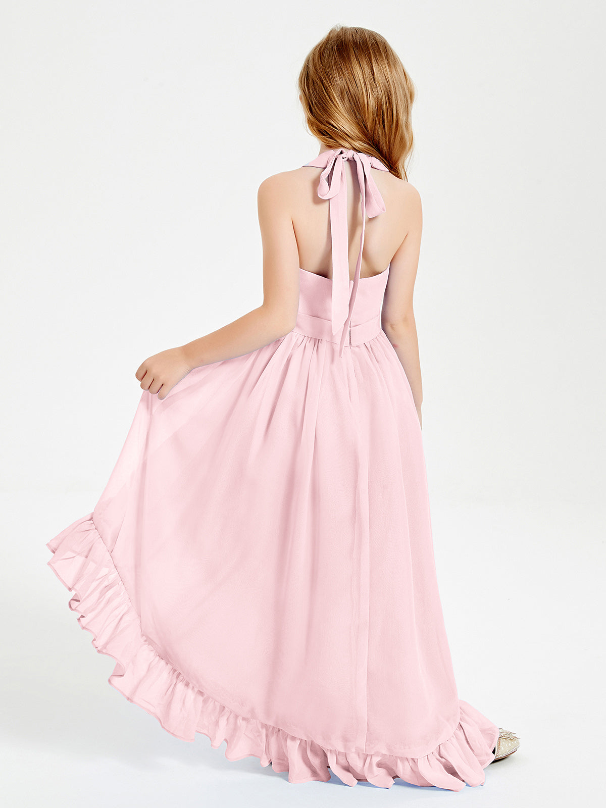 Trendy Boho Junior Bridesmaid Dresses Asymmetrical Cascading Skirt Blushing Pink